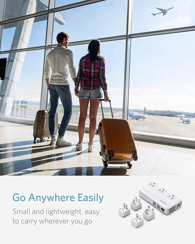 BESTEK Universal Travel Adapter 100-220V to 110V Voltage Converter 250W with 6A 4-Port USB Charging 3 AC Sockets and EU/UK/AU/US/India Worldwide Plug Adapter (White)