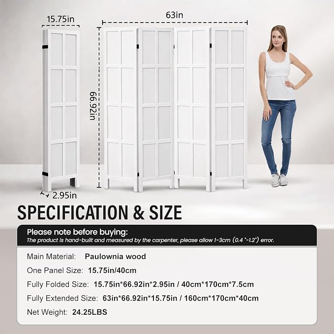 4 Panel Wood Room Divider and Folding Privacy Screen 67″, Freestanding Wall - Image 4