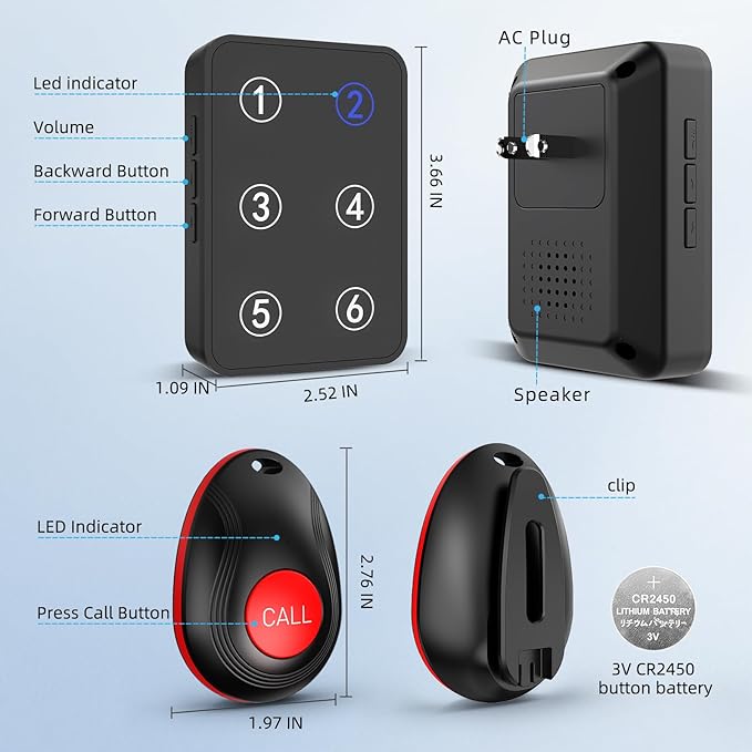 CallToU Wireless Call Button Caregiver Pager Nurse Call System for Elderly/Patients at Home/Hospital with Voice Announcements and LED Number Display (6 Waterproof Call Button & 1 Receiver)