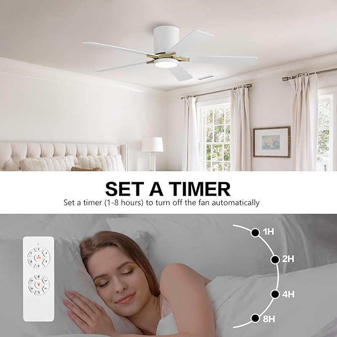 WINGBO 48" DC Flush Mount Ceiling Fan with Lights, 5 Plywood Blades, 6-Speed Reversible DC Motor, 3CCT, Low Profile Hugger Ceiling Fan for Living Room Bedroom Kitchen, White and Brass