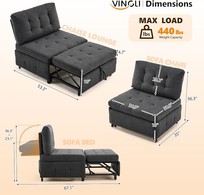 VINGLI Convertible Sofa Bed Tufted Teddy Fleece Sleeper Chair Bed Couch Armless - Image 3