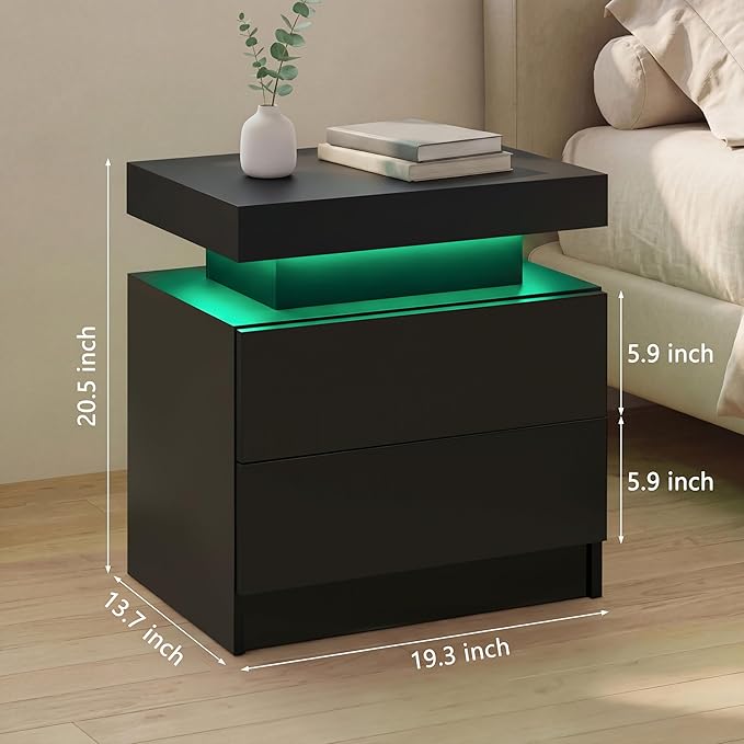 LED Nightstand with Wood 2 Drawers Modern Bedside Table - Image 2