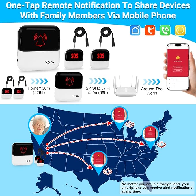 Frexiol WiFi Caregiver Pager Medical Alert Systems for Seniors No Monthly Fee App Control Alert Button for Seniors at Home,2 Call Button and 1 Receiver,for Elderly,Patients,Disabled