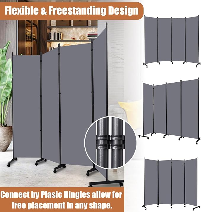 Room Divider 88'' Wide Folding Privacy Screens, 4 Panel Wall Divider w/Wheel | - Image 6