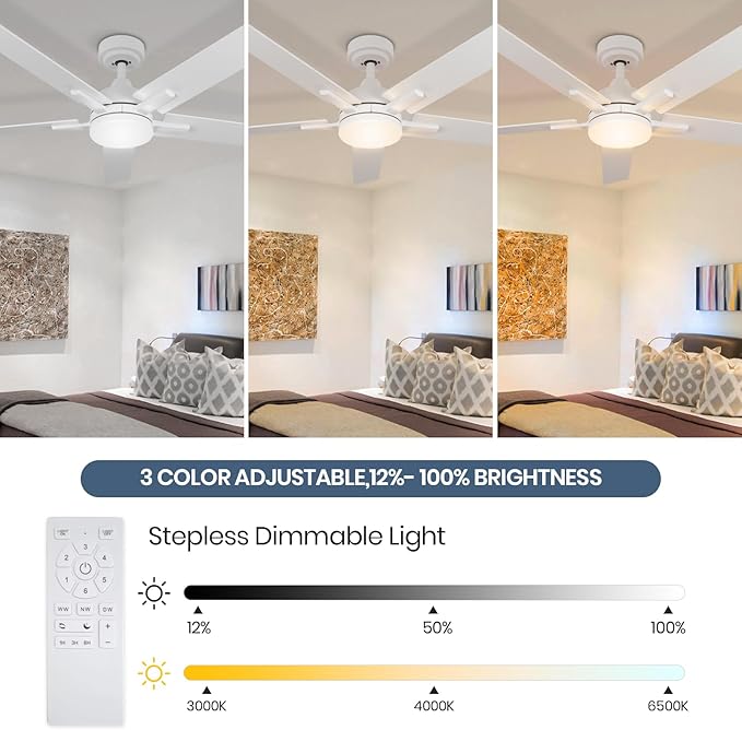 SODSEA Ceiling Fans with Lights, 52 inch White Ceiling Fan with Light and Remote Control, Reversible, 3CCT, Dimmable, Noiseless, Small Ceiling Fan for Bedroom, Indoor/Outdoor Use