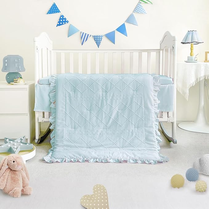 Wowelife Mini Crib Bedding Set for Girls, 3 Piece Tufted Jacquard Ruffle Fringe Baby Girl Crib Bedding Set Newborn, Infant & Nursery with Comforter, Crib Fitted Sheet and Crib Skirt, Blue