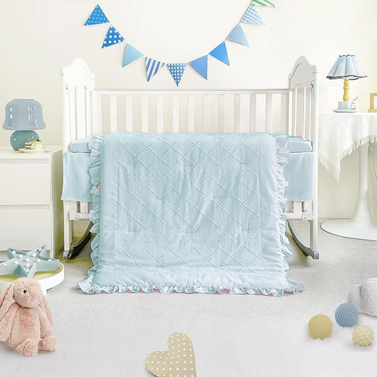 Wowelife Mini Crib Bedding Set for Girls, 3 Piece Tufted Jacquard Ruffle Fringe Baby Girl Crib Bedding Set Newborn, Infant & Nursery with Comforter, Crib Fitted Sheet and Crib Skirt, Blue