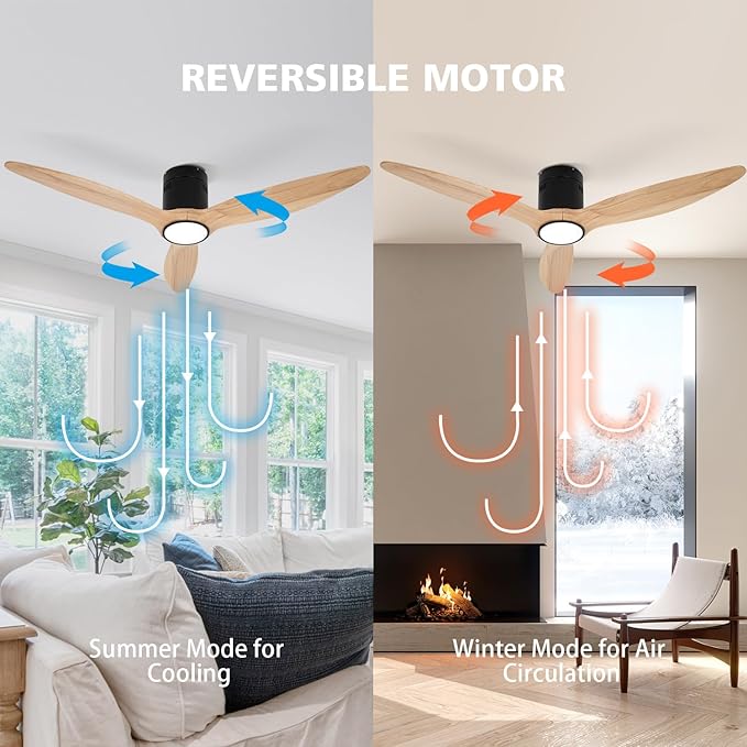 OUATER Wood Flush Mount Ceiling Fan with Light,52 inch Low Profile Modern Ceiling Fans for Outdoor/Patios/Bedroom/Office,3 color light,6 Speed,DC Motor,Wood and Modern Matte Black