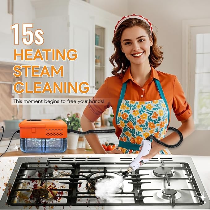 Heavy Duty Handheld Steam Cleaner, 15s Heat-Up, 9-Level Adjustable 2500W Pressurized Steamer for Cleaning with 14 Accessories, Multipurpose Portable Steam Cleanr for Home, Car, Grease, Grout（Orange）