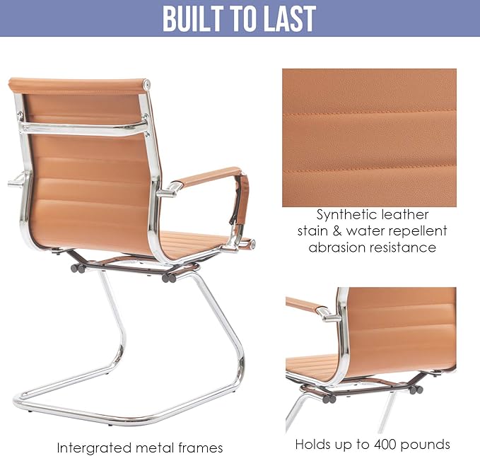 Wahson Office Guest Chairs Set of 2, Leather Reception Chairs, Mid Back Waiting Room Chair, Conference Chairs with Sled Base, Desk Chair No Wheels for Meeting/Lobby/Restroom, Terracotta