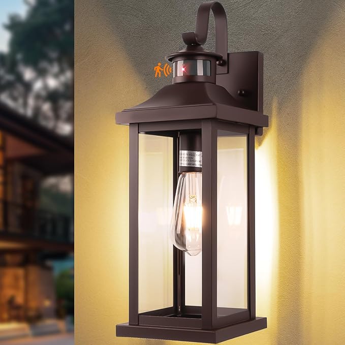 Roravilila 1-Pack 18 Inch Oil Rubbed Bronze Motion Sensor Outdoor Wall Lantern IP65 Waterproof, Large Brown Dusk to Dawn Outdoor Light for House Clear Glass Outside Wall Mounted Lamps Front Door