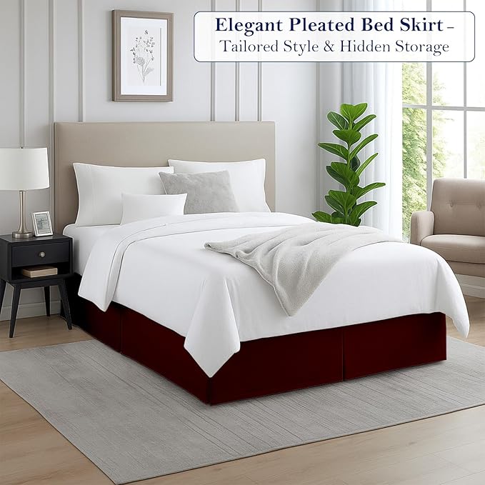 Twin Bed Skirt, Luxury 18 Inch Drop Burgundy Pleated Bed Skirt, Double Brushed Microfiber, Box Pleat Design, Wrinkle & Fade Resistant, Easy Fit Tailored Bedskirt for Twin Size Beds