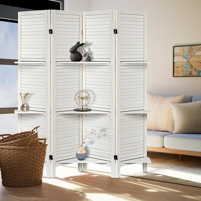 Room Divider with Shelves, 4 Panel White Privacy Screen | Partition Room - Image 7