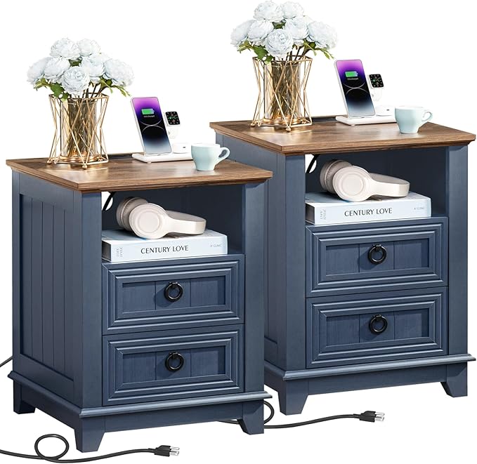 18" Farmhouse Night Stands Set of 2 with Charging Station, 2 Drawers End Table Dresser for Bedroom, Blue Wooden Nightstand, Bed Side Table with Open Shelf, Bedside Cabinet for Living Room