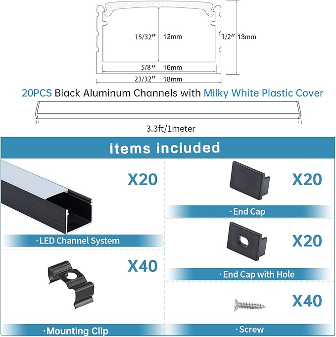 Muzata 20Pack 3.3FT/1M Plus-Size Spotless LED Channel Black LED Strip Diffuser Channel with Milky Frosted White Diffuser Cover U103 BW 1M