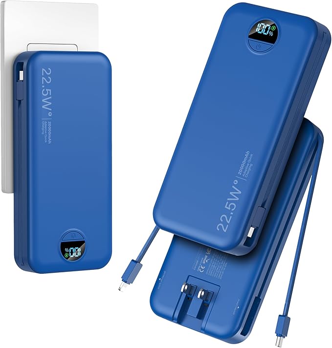 aonidi 20000mAh Ultra-Portable-Charger-Power-Bank PD20W with Built in Cables&AC Wall Plug,Fast Charging Cell Phone Charger Battery Pack,LED Display Travel Battery Bank for All iPhone,Samsung,Android