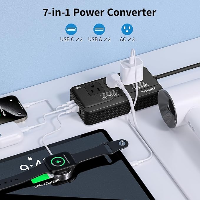 TREVOLTY 2000W Voltage Converter US to Europe for Hair Dryers, 7-in-1 220V to 110V Converter for European Travel with 3 AC/2 USBA/2 USBC Ports, Universal Power Converter Adapter Combo EU/UK/IT/AU Plug