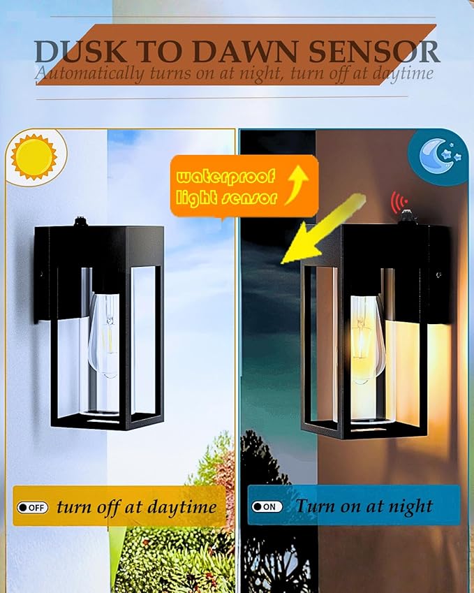LWSOY Dusk to Dawn Outdoor Lights, Waterproof Porch Lights 2 Pack, Exterior Lighting Fixtures with Cylinder Lampshade, LED Wall Sconce Light for House Porch Patio Front Door Garage.