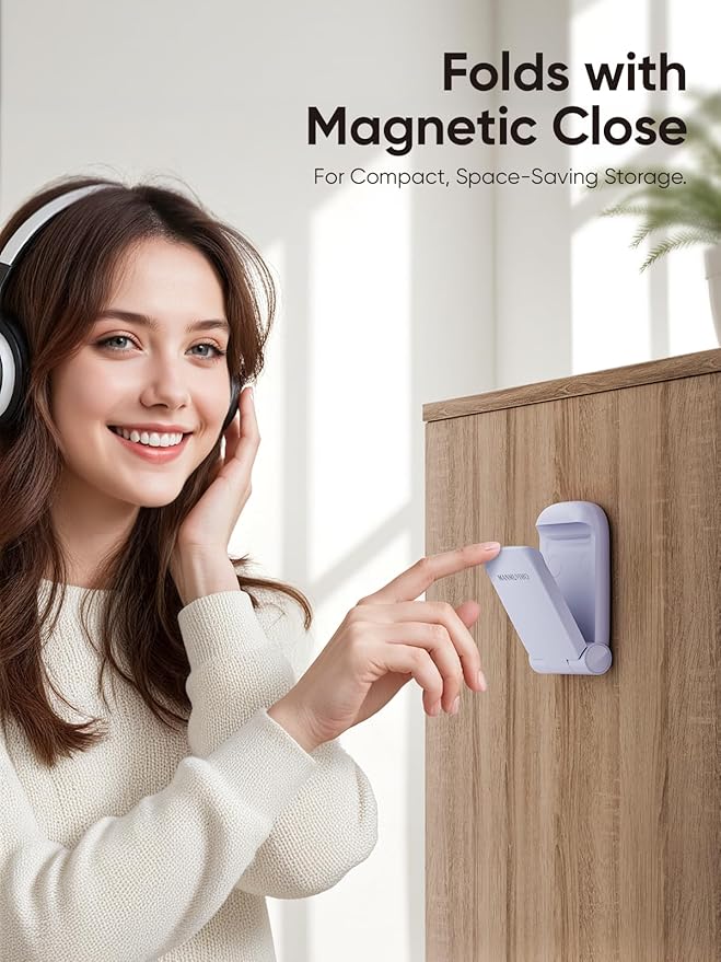 MAMUVIMO Headphone Stand, Headset Stand Foldable ＆ Sticky, Headphone Holder Hook Mount with Non-Slip Silicone, Adhesive Earphone Desk Hanger Clip Space-Saving for Airpods Max, All Earphones- Purple