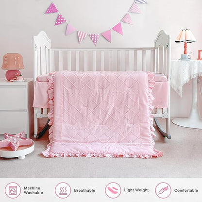 Wowelife Baby Girl Crib Bedding Set, Boho 3-Piece Crib Comforter Set for Girls, Ruffle Baby Nursery Bedding Set Include Quilted Comforter, Crib Skirt and Sheet, Pink