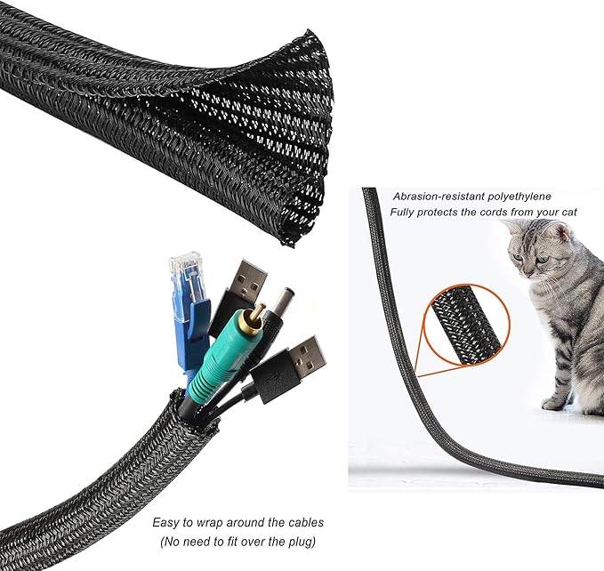 QCSIW 3/8"-25ft Cord Protector Wire Loom Tubing Split Sleeve Cable Sleeve for USB Power Audio Video Cables - Pet Chewing Protection, Flexible Cable Management Cover - Black
