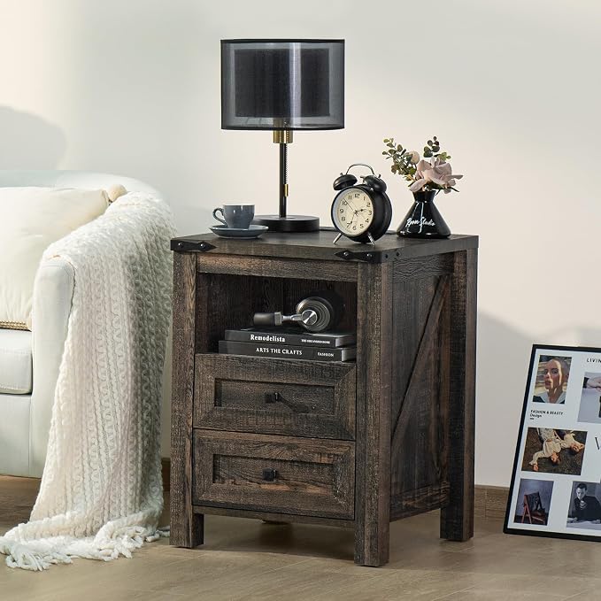 Joaxswe Nightstand with Charging Station and 2 Drawers, Farmhouse | Dark Drey - Image 8
