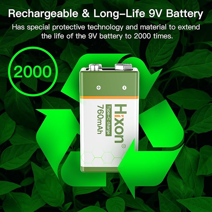 Hixon USB 9V Rechargeable Lithium Batteries - Long-Lasting 760mAh 9 Volt LI-ion Batteries with Type C Charging Cable - for Alarms Wireless Microphones Smoke Detectors Toys (4 Pack)