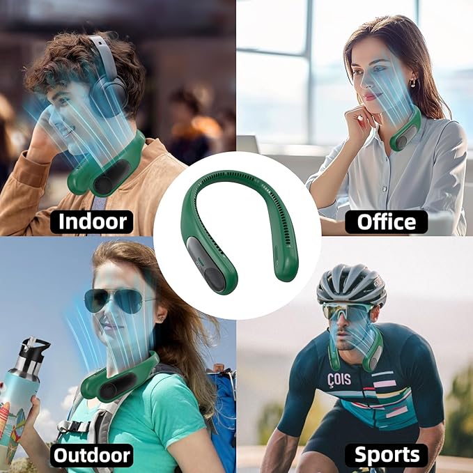 Portable Neck Fan,Personal Wearable Bladeless Fan,LED Display,4-Speeds,6000mAh USB Rechargeable,360° Strong Cooling Wind,Hands Free,White Elephant Gift,Christmas Gifts for Men Women (Dark green)