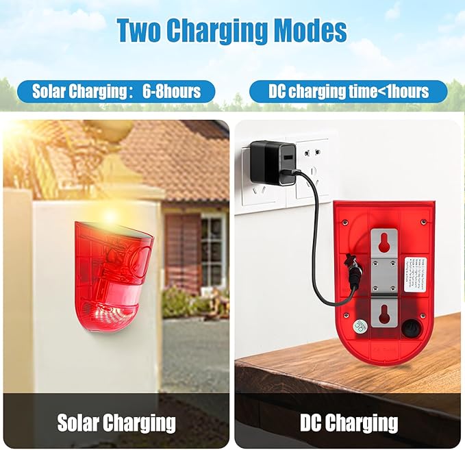 Qualirey 6 Pack Solar Sound and Light Alarm Motion Sensor 129db Outdoor Security Siren Waterproof Motion Activated Detector Alarm 6 LEDs Flash Warning Strobe System for Home, Farm (Red)