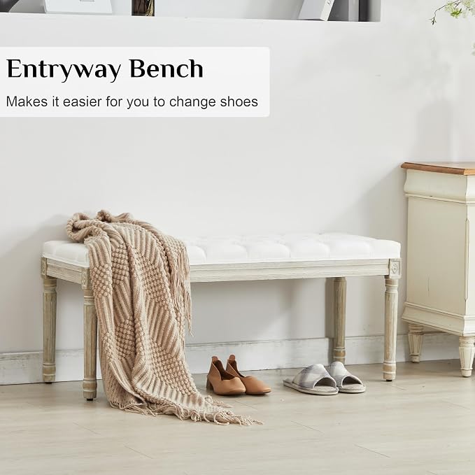 LOULENS 43.9" Linen End of Bed Bench, Vintage Bedroom Bench, Upholstered - Image 7