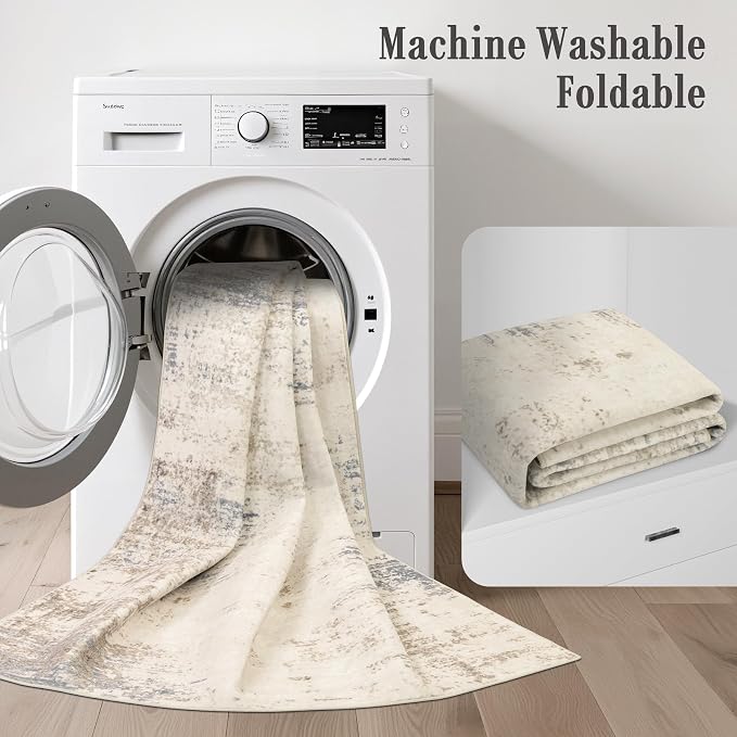 2.6x14 Washable Runner Rug:Modern Abstract Soft Carpet Beige Brown | - Image 6