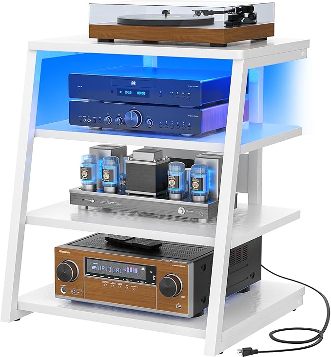 Armocity 4-Tier AV Media Stand with Power Strips, Stereo Stand with LED Lights, Audio Tower Rack with Adjustable Shelves, Small Entertainment Center, 30'', White
