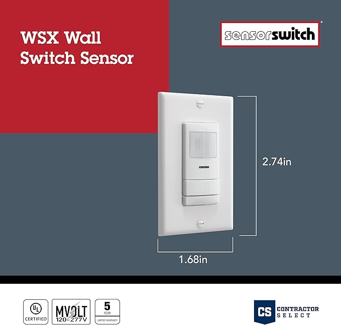 SensorSwitch Wall Mount Motion Sensor Switch, Passive Infrared Wall Switch and Occupancy Sensor and Dusk-to-Dawn Photocell, WSX Series, Single Relay, White