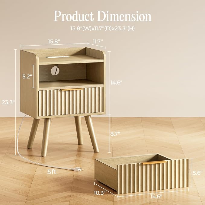 Huuger Nightstand with Charging Station, USB-C Port, End Table | Fluted Night - Image 2