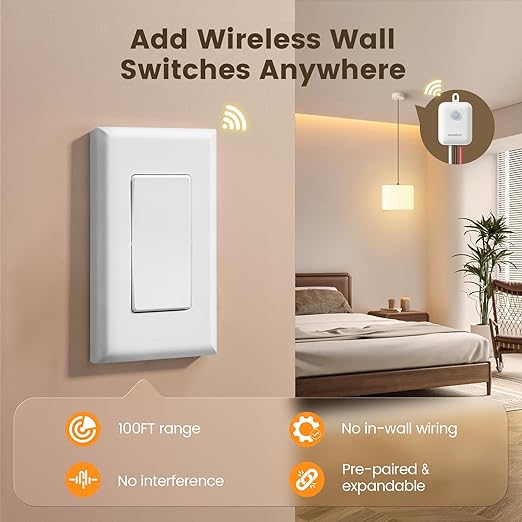 SURAIELEC Wireless Light Switch and Receiver Kit, Single Pole, RF 100 Feet, No WiFi, No Interference, Expandable 15A Remote Control Wall Switch for Ceiling Lighting, Lamp, Fan (Neutral Wire Required)