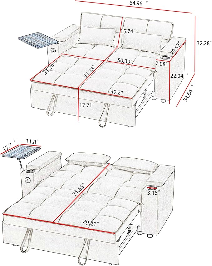65'' 3-in-1 Folding Convertible Sofa Bed, Pullout Sofa, Modern Chenille Fabric, 360° Swivel Side Table, Easy Assembly, Perfect for Living Room, Grey