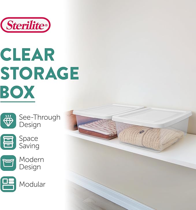 Sterilite 30 Pack Storage Box, 12 Quart Stackable Tote, Clear Plastic Container with Secure Snapping Lids for Home and Office Organization, White