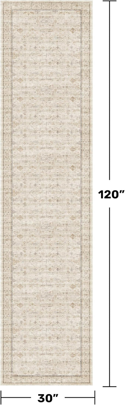 2'6"x10' Extra Long Runner Rugs for Hallways Non Slip, Machine Washable Rug Runner for Kitchen Floor, Entryway, Soft Low Pile Neutral Light Beige Décor, Geometric Floral Pattren Stain Resistant Carpet