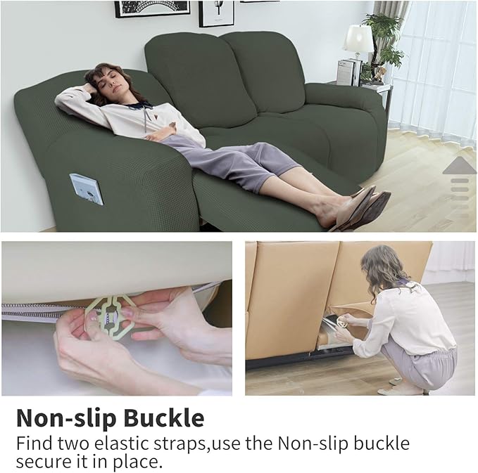 Easy-Going 6 Pieces Recliner Loveseat Stretch Sofa Slipcover Sofa Cover Furniture Protector Couch Soft with Elastic Bottom Kids, Spandex Jacquard Fabric Small Checks Olive Green