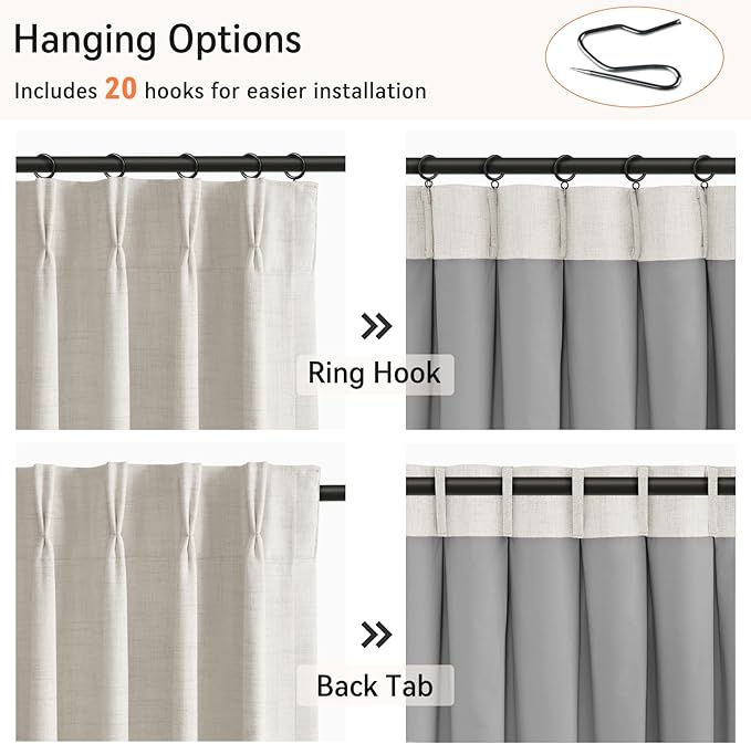 Pinch Pleated Full Blackout Faux Linen Curtains 90 Inches Long | Beige - Image 3
