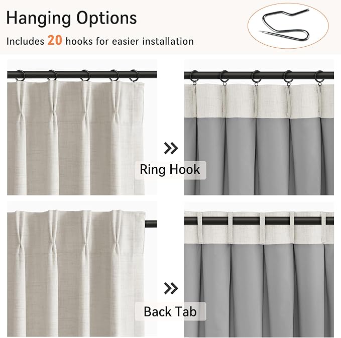 Pinch Pleated Full Blackout Faux Linen Curtains 108 Inches Long | Beige - Image 3