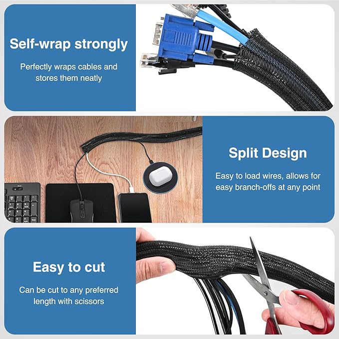 Nilight Cable Sleeve, 10ft-1inch Cord Management Sleeves, Braided Sleeving, Split Self Wrapping Wire Loom for Computer Electrical Automotive Harness Protector Organizer, Black
