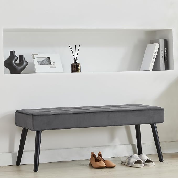 LOULENS Entryway Bench, Dark Grey | Wood Legs, Button Tufted, Upholstered Bench - Image 8