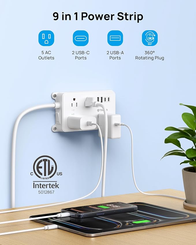 TROND 360° Rotating Plug Power Strip, 10ft Extension Cord, 5 Widely-Spaced - Image 8