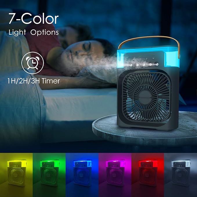 NTMY Personal Air Cooler, Portable Air Conditioner Fan, Mini Evaporative Cooler with 7 Colors LED Light, 1/2/3 H Timer, 3 Wind Speeds and 3 Spray Modes for Your Desk, Nightstand, or Coffee Table
