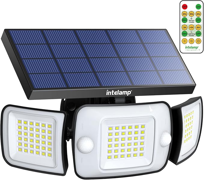 intelamp Solar Flood Lights Outdoor Waterproof, 6000mAh 1200LM Solar Powered Dual Motion Sensor LED Lighting Dusk to Dawn Security Floodlight Exterior with Remote for Outside Garden House Patio