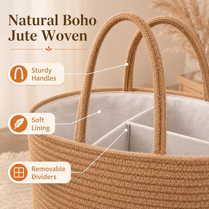 ABenkle Baby Diaper Caddy Organizer, Boho Jute Rope Nursery Storage Bin - Image 4