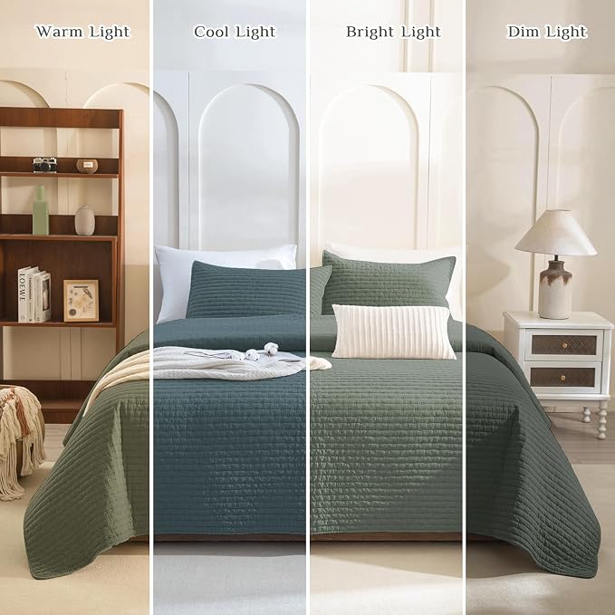 CozyTide Oversized King Quilt 128"x120", Stone-Washed Cotton Dark Green - Image 6