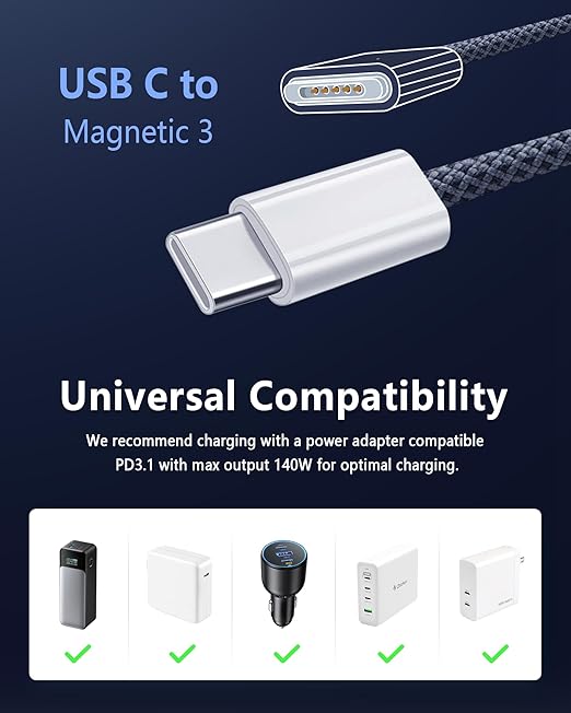 ZeitNah Upgraded USB-C to Magnetic Charging Cable for MacBook Pro/Air (2021-2025), 140W Fast Charging, 6.6ft Braided Replacement Power Cord for MacBook Charger, Midnight