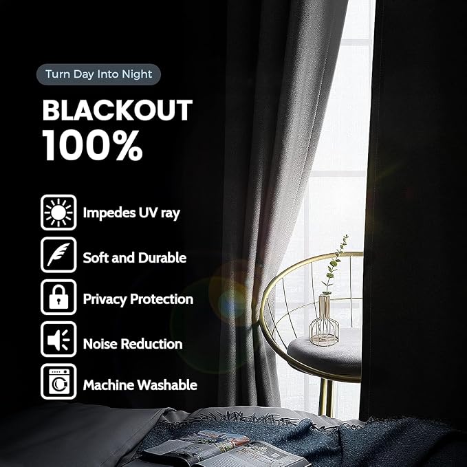 SimpleHome Grey 100% Blackout Curtains Room Darkening Living Room 84 Inch | - Image 3
